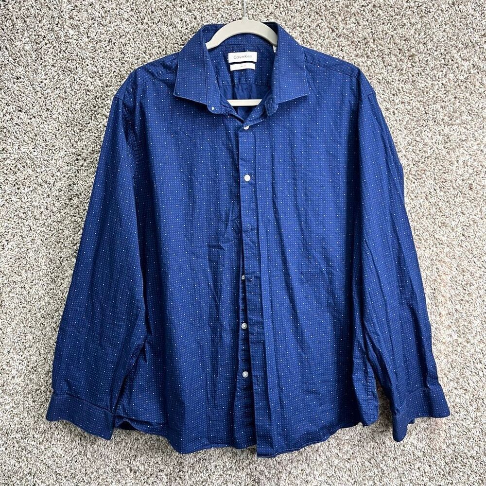 Calvin Klein Blue Patterned Slim Fit Long Sleeve Button Down Shirt in Size XL 17